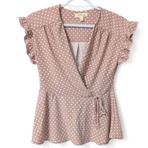 Monteau ModCloth pale pink polka dot wrap blouse top with belt tie